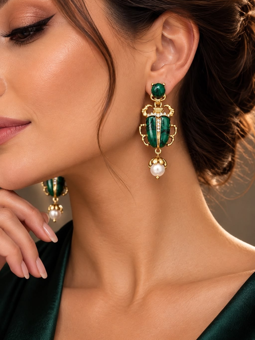 Gold-Tone Green Scarab Drop Earrings with Pearl Accent